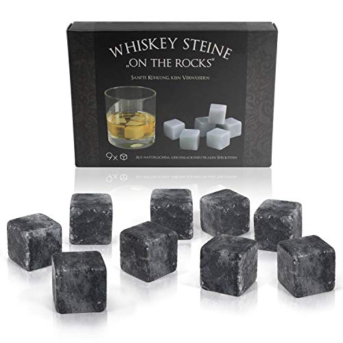 Amazy Cubitos de Hielo Whisky (9 cubitos) - Whisky Stones reutilizables de esteatita natural, libre de sabores y olores