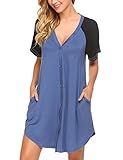 Sexy Hemdkleid,kurzarm Mit Taschen und Knopfleiste Nachtwäsche oberteil,Casual locker T-Shirt blusekleid negligee