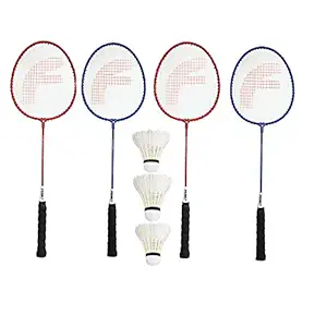 FEROC Fighter Set of 4 Pieces Aluminium Badminton Racket with 3 Pieces Feather Shuttles ,Aluminum, Multicolor