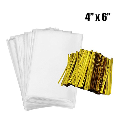 Löschen Sie Cellophan Taschen 200 Hochzeits Bevorzugungs Beutel Party Behandlungs-Beutel für Geschenk Plätzchen mit Gold-Twist-Krawatten