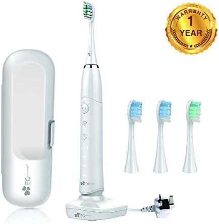 EC Technology Automatic Sonic Electric Toothbrush Induction Rechargeable Waterproof 35000 Power with 4 Ergonomic Health Replacement Heads and Travel Case for Adults White