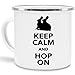Produktbild Tassendruck Emaille-Tasse mit Spruch Keep Calm and Hop on - Ostern/Witzig / Edelstahl-Becher/Metall-Tasse/Lustig