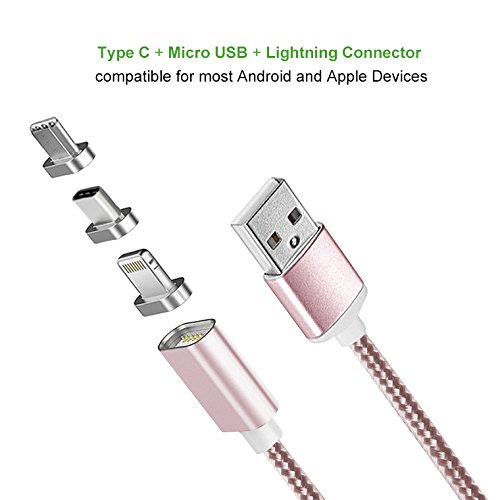 Lively Life 3in1 Magnetisches USB Ladekabel Datenkabel Type C Lightning und Micro USB Nylon braided Kabel für iPhone & Android Smartphones,iPad Tablets ,Macbook Air/Pro,Samsung Galaxy ,LG ,Sony Xperia,Google Pixel,Huawei ,HTC ,OnePlus, Motorola Moto,MP3 players, GPS, Camera and More(3.3ft/1m ,Roségold) - 2