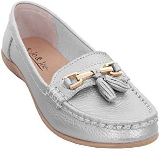 Ladies Leather Slip On Moccasins Comfortable Flat Tassel Low Heel Loafer Shoes [Silver (Metalic) , UK 6]