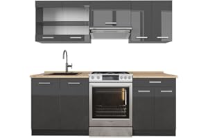 Vicco Cucina componibile R-Line, Antracite lucido/antracite, 200 cm senza piano di lavoro