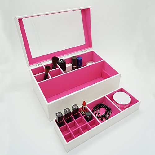 4Queens XXXL Eleganter Holz Leder Kosmetikorganizer Kosmetikbox Kosmetik Ständer Kosmetik Aufbewahrung Schmuckaufbewahrung Schmuckkasten Schminkkasten Schminkbox Schmink Aufbewahrung Makeup Aufbewahrung Makeup Box mit sichtbarem Fenstern LxBxH: 36*22*15cm(Weiß/Rosarot) - 4