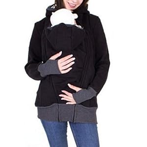 BaZhaHei Women Maternity Baby Pouch Carrier Striped Hoodie Kangaroo Zipper Pregnancy Coat Long Sleeve Childcare Bag Autumn Winter Warm Sweatshirt Black