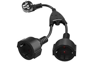CHEVVY Doppia Spina per Presa 32CM 2 in 1 Presa Distributore a 2 Vie Schuko Y Cavo 16A/ 250V/ Max. 3680W IP44 Adattatore Presa per Casa Ufficio Esterno Nero