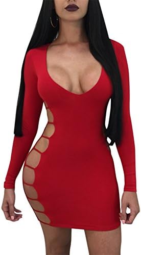Corala Women Long Sleeve Deep V Neck Hollow Out Bodycon Dresses Mini Club Dress