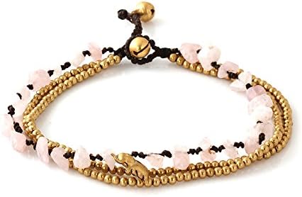MGD, Pink Rose Quartz Color Bead and Brass Bell Anklet. 3-strand Elephant Anklets Beautiful Handmade Brass Anklet. Small Anklets. Ankle Bracelet. Fashion Jewelry for Women, Teens and Girls, JB-0275A