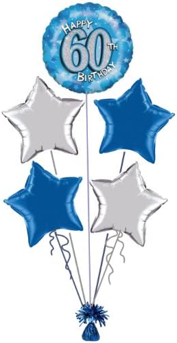 60th BIRTHDAY BLUE &amp; SILVER FOIL HELIUM BALLOON DISPLAY IDEAL FOR PARTY