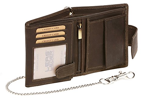Biker Cartera con cadena cromo y cierre externo para señores motociclista Monedero para señoras Trucker Vintage-Style LEAS MCL, Piel auténtica, marrón - ''LEAS Chain-Series''