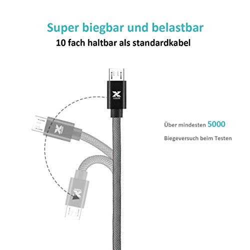 XUGOR Micro USB Kabel [2.4A-Strom Schnellaufladen] vernetzte Angelleine Nylon Ladekabel fÃ¼r Android Smartphones Samsung Galaxy, Huawei, Sony, HTC, Nokia, Kindle usw. [1.0m, 2-StÃ¼ck, Metallstecker]