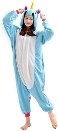DarkCom Unisex Animal Costumes Adult One Piece Pajamas Fancy Cosplay Apparel Cartoon Jumpsuit Blue Unicorn X-Large