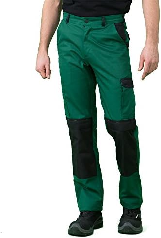 Work trousers, green and black, multi-pocket, side elasticated belt for inside or workspace, green fabric 245 gr, knee pads, Cordura. - 40