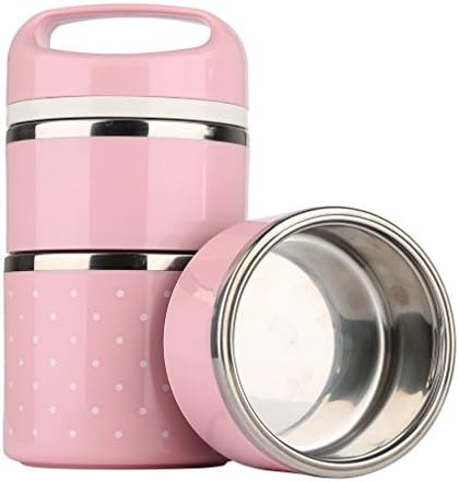 Thermal Lunch Box, 1.4L Stainless Steel Insulation Lunch Box with 3 Stackable Round Bowls Lid of Food Saver for Men Women Kids Work Lunches, Picnic, Travel, BBQs, Camping, Beach and Sporting Events (Pink)