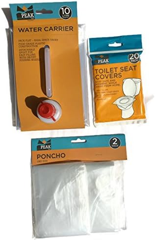 10 Litre Water Carrier | Toilet Seat Cover Pack of 20 | Poncho 2 Pack | For Festivals Camping Fishing Hiking Bundle