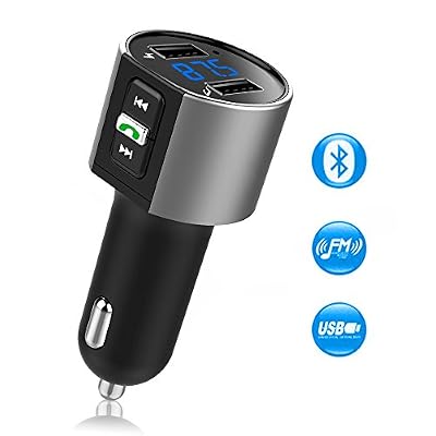 Comsoon Transmetteur FM Bluetooth iBeek Kit de Voiture Mains Libres Sans Fil Bluetooth Lecteur MP3 Adaptateur Radio Chargeur USB de Voiture avec Double Port USB 5V/2.4A & 1A, Mini Écran d'Affichage Support USB Flash Drive (Gris)