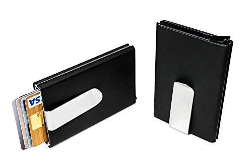 Preisvergleich Produktbild Kreditkartenetui mit Geldscheinklammer RFID NFC Kreditkartenschutz EC-Kartenhülle mit Geldklammer als Geldbörse Schwarz aus Aluminium / Kunstleder Portemonnaie für bis zu 6 Karten Damen&Herren