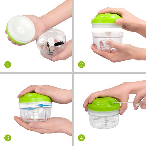 【Design BABYCOOK】 Zerkleinerer Manuell Gemüseschneider Knoblauchpresse Schneider Finecut / Um das Essen der Kinder zu mischen und Früchte und Gemüse zu hacken Hacken / Schneiden / Mischen / mit 3 Klingen – Grün - 2