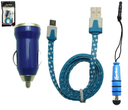 Emartbuy® Tupfen Range Trio Pack für Medion LifeTab E7332 MD 98966 7 Inch Tablet - Blau 1 Ampere USB Autoladegerät + Blau Metallic Mini Eingabestift + Tupfen Blau / Weiß Flaches Knotenfreies Micro USB Daten und Ladekabel