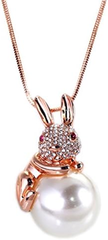 Cute Rubby Simulated Pearl Pendant Extra Long Chain Necklace Bunny Jewelry Rose Gold Plated for Women