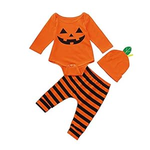 Infantil Disfraz Halloween Fossen Recien Nacido Niña Niño Bebe Monos de Calabaza Tops con Sombrero de Raya + Sombrero
