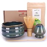  Goodwei Juego de Matcha - 30g Té Matcha Biológico Japonés, Cuenco Ceremonial, Batidor y Soporte (Menouseki)