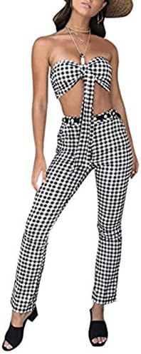 Women Sexy 2 Piece Set Sleeveless Plaid Bodycon Crop Tops+ Long Pants Clubwear Party Outfits (M)