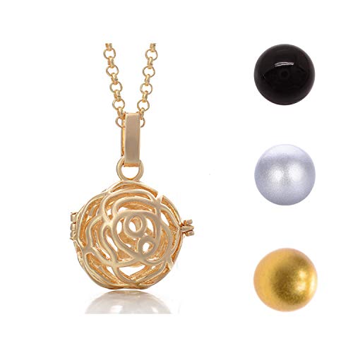 My Sunshine : Collier /Sautoir Bola de Grossesse - Motif Rose - Sautoir chaîne Doré avec 3 Couleur de Grelot (Noir- Doré- Argenté)