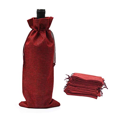 LONTG 10Pack Jute Wine Bags Burlap Bottle Gift Bags With Drawstring Single Wine Bottle Bag Bottle Carrier Bags Holder Cover Wrap Packing Bag Pouch For Birthday Wedding Christmas Party Favors
