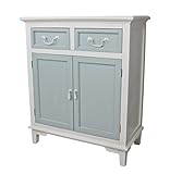 Große, weiße Kommode mit zwei Türen in blau und zwei Schubladen im Landhausdesign . Schlichte gerade Füße aus Holz und Griffe aus Metall.