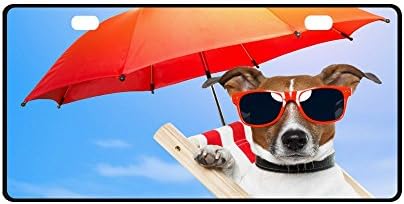 11.8 X 6.1 inches Durable License Plate Frame Metal Personalized Car Tag, Puppy Dog Summer Beach Umbrella With Sunglasses (2 Holes)
