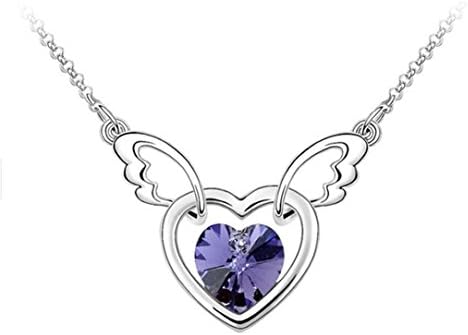 Silver Tone Angle Wings with Amethyst Purple Heart Swarovski Elements Crystal Pendant Necklace Fashion Jewellery