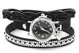 Dielay Damen Wickelarmband mit Uhr Quarzwerk PU-Kunstlederband mit Kristalle (Schwarz)