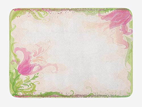 Trsdshorts Pink and White Bath Mat, Pastel Colored Springtime Frame with Hand Drawn Tulip and Green Leaves, Plush Bathroom Decor Mat with Non Slip Backing, 23.6 x 15.7 Inches, Peach Pink Green