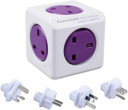 Allocacoc PowerCube 5 Outlets with 4 Universal Travel Plugs Wall Adapter UK Socket Power Strip with Resettable Fuse(Purple)