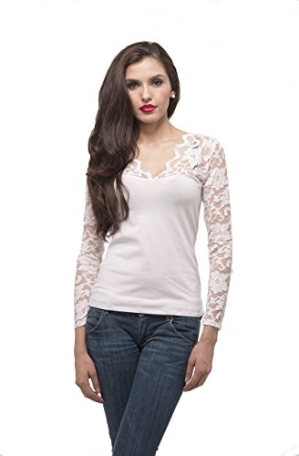 Hollywood Star Fashion Women's V-Neck Long Sleeve Top With Lace On Sleeves Small White
