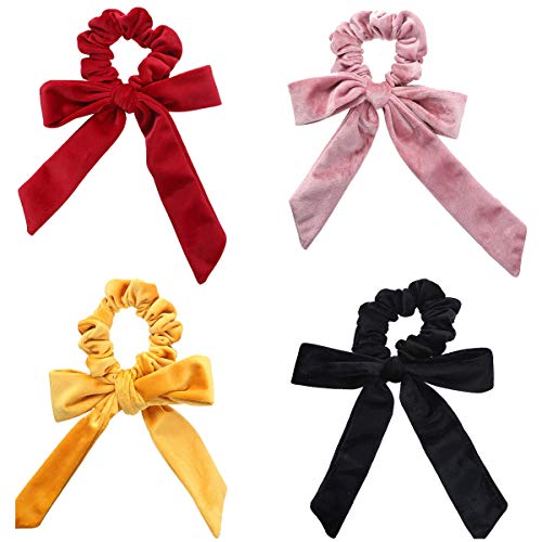 Meetlight, elastici per capelli in velluto con fiocco, elastici per capelli, elastici per capelli, elastici per capelli per coda di cavallo, accessori per donne e ragazze, 4 pezzi