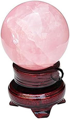 MIKINI Healing Reiki Energy Natural Carved Red Crystal Ball Sphere (80mm) Figurine Statue with Wooden Stand (Rose Quartz)