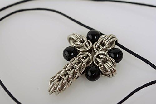 Metal cross on long cord chain mail weaving with black beads handmade pendant