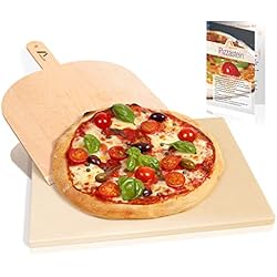 Amazy Pierre à pizza avec pelle à pizza - Plaque de cuisson de pâtes à pain et à pizza au goût authentique - Cordiérite pour four et grill avec raclette à pizza (38 x 30 x 1,5 cm)