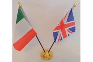 UKFLAGSHOP Italy Italian Union Jack 2 Flag Friendship Desktop Table Centrepiece Flag Flags With Gold Base Ideal For Party Conferences Office Display