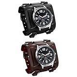 JewelryWe 2pcs Herren Armbanduhr Analog Quarz 30M Wasserdichte Sportuhr Uhren mit Breit Leder Echtleder Armband, Schwarz Braun