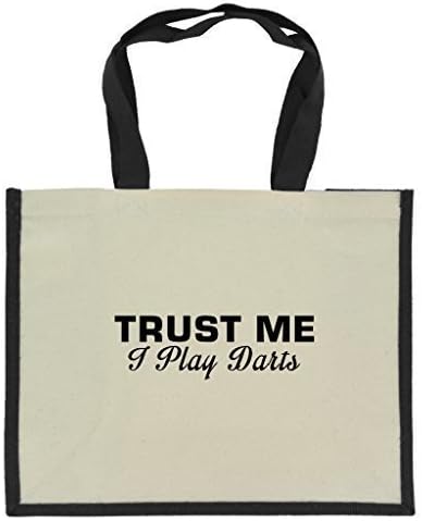 Trust Me I Play Darts in Black Print Jute Large Shopping Bag with Black Handles and Trim