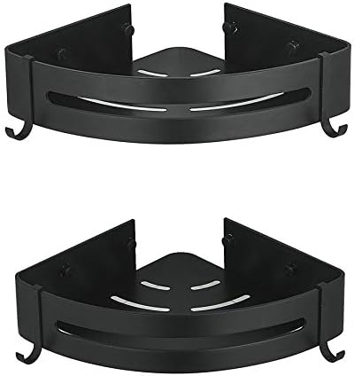 Atongham Bathroom Shelf Triangle Shower Corner Shelf with Two Hooks Aluminum Triangle Baskets Self Adhesive No Damage Wall Mount (2-Tier, Black)