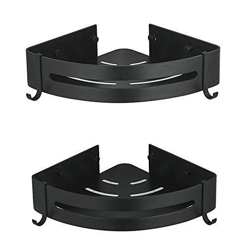 Atongham Bathroom Shelf Triangle Shower Corner Shelf with Two Hooks Aluminum Triangle Baskets Self Adhesive No Damage Wall Mount (2-Tier, Black)
