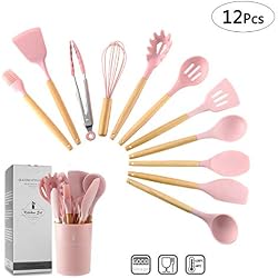 ZCOINS Ensemble d'ustensiles de cuisine en silicone 11 + 1 pièces avec poignées en bois et support (rose)