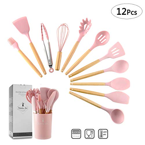 ZCOINS Ensemble d'ustensiles de cuisine en silicone 11 + 1 pièces avec poignées en bois et support (rose)