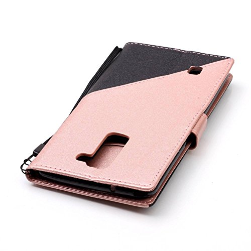 LG Stylus 2 Hülle,LG LS775 Leder Case,Sunroyal PU Leder Brieftasche Schutzhülle Tasche Handyhülle Schutz Hüllen im Bookstyle Ledertasche mit Stand Funktion Kartenfächer Magnetverschluss Magnet Etui Schale Schutzhüllen,Retro Schwarz Rose Gold Muster Entwurf Flip Klapp Cover Tasche mit Strap Kartensteckplatz Hinterschale Kartenschlitz mit Silikon Kratzfest für LG Stylus 2 LS775/LG G Stylo 2 + HD Super Klare Displayschutzfolie - 7